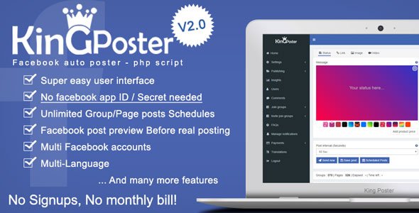 King poster - Facebook multi Group Page auto post - PHP script v1.7.9
