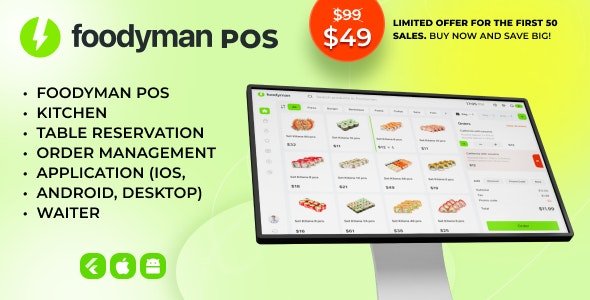 Foodyman POS v1.0 - A single restaurant POS Kitchen Table Reservation + Waiter Application (iOS, Android, Desktop)